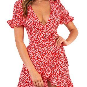 Floral Print Deep V-Neck Wrap Dress